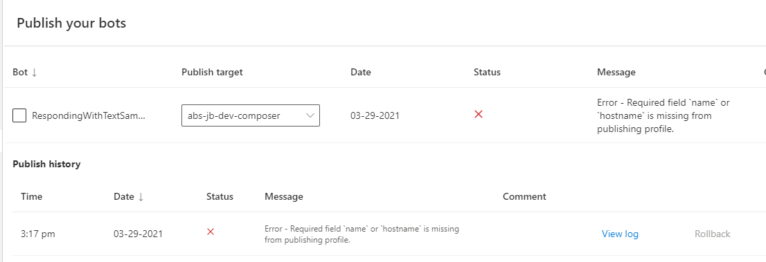[3/29 bug bash] Publishing profile error not clear/progress message ...