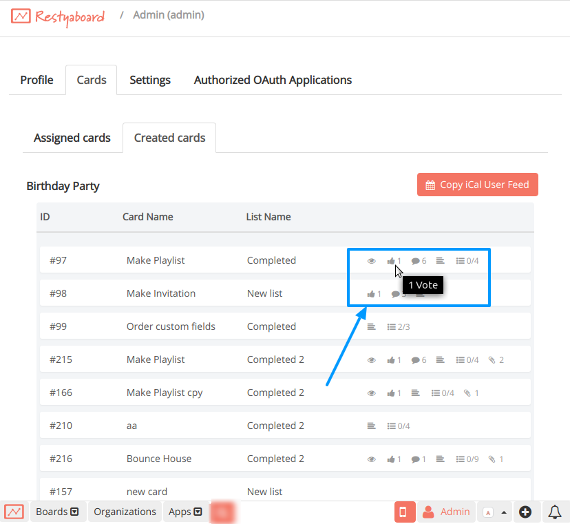 In the user profile page, under the cards tab, the user cards are shown ...