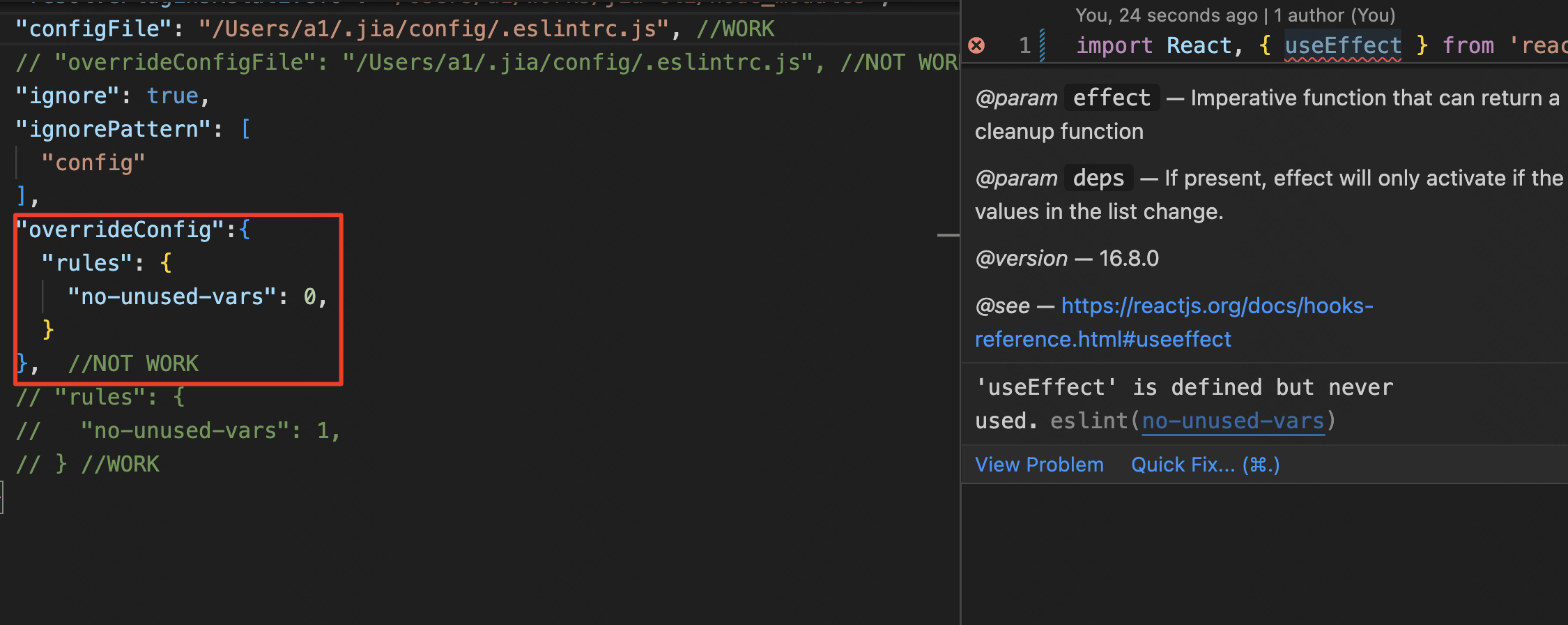 eslint.options.overrideConfigFile、eslint.options.overrideConfig not