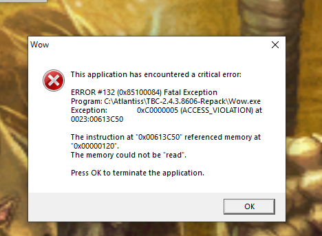 Error 132 0x85100084 fatal. Вов ошибка 132. error 132 wow sirus. this application has encountered a critical error fatal error warcraft. ravenswatch ошибка при запуске.