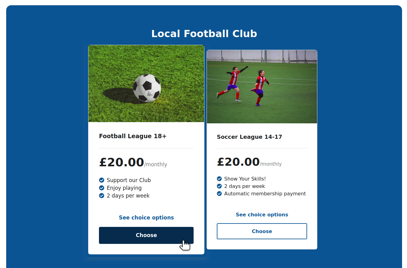 Example subscription sign up webpage for a local football club to offer two subscriptions plans for their club memberships