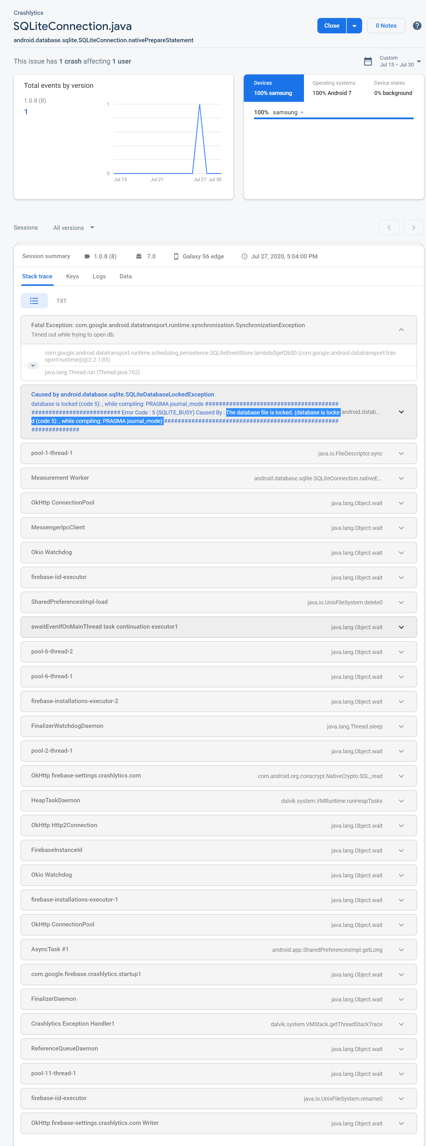 Crashlytics Error - SQLiteConnection.java - The database file is locked ...