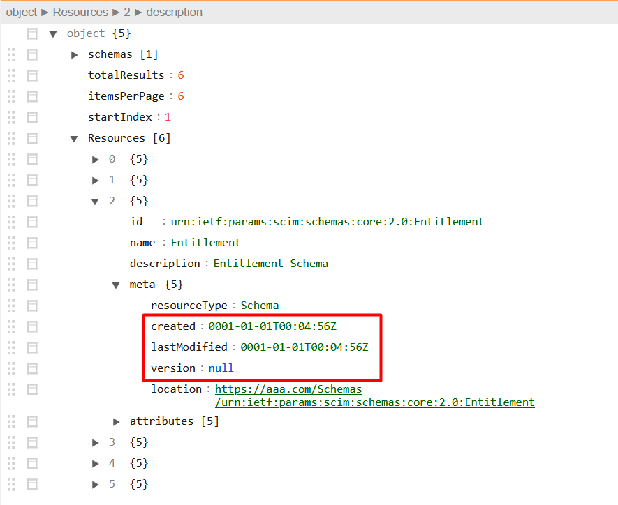 No meta attributes in the /schemas endpoint (user, groups and
