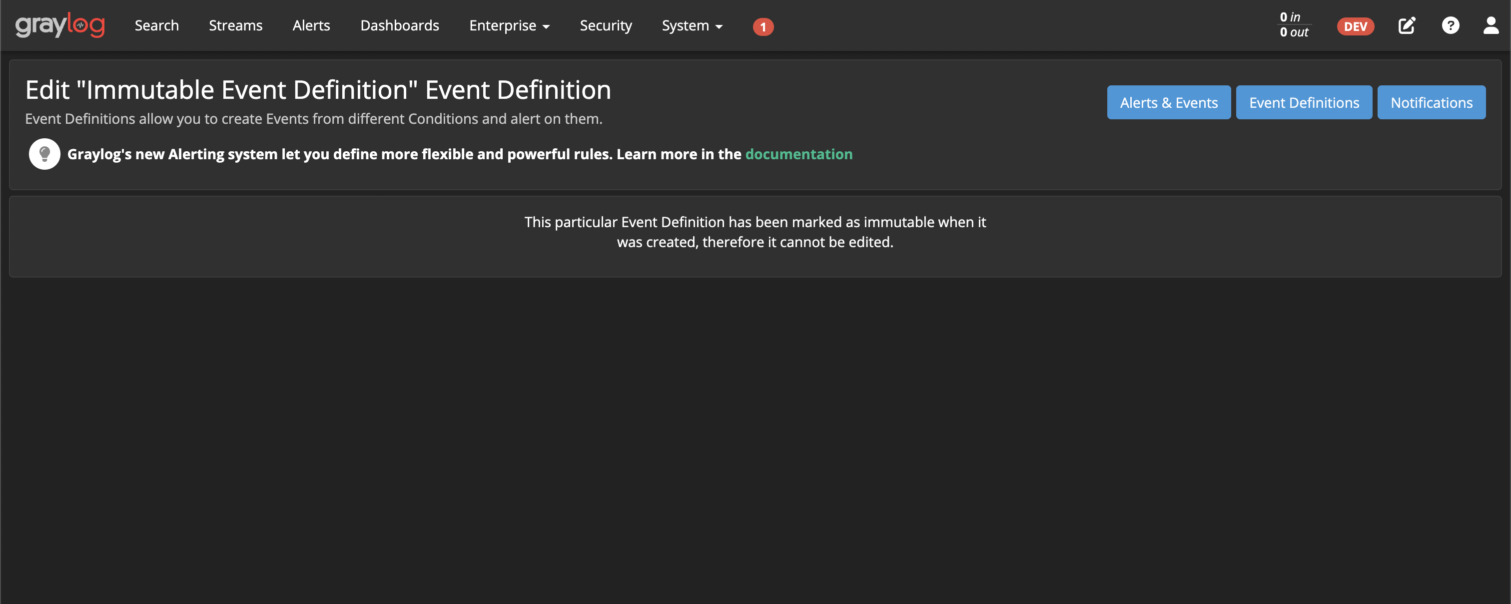 Show message on edit event definition page if it is immutable by