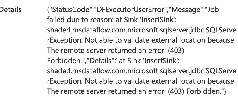 403 on dataflow sink to Azure Synpase when the storage account is only ...