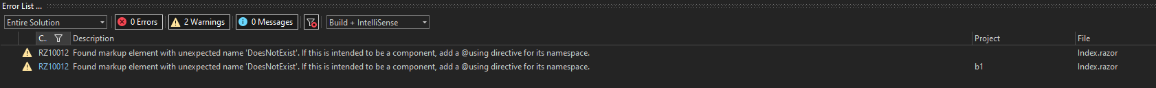 dotnet build Blazor does not respect WarningsAsErrors for "unrecognized ...