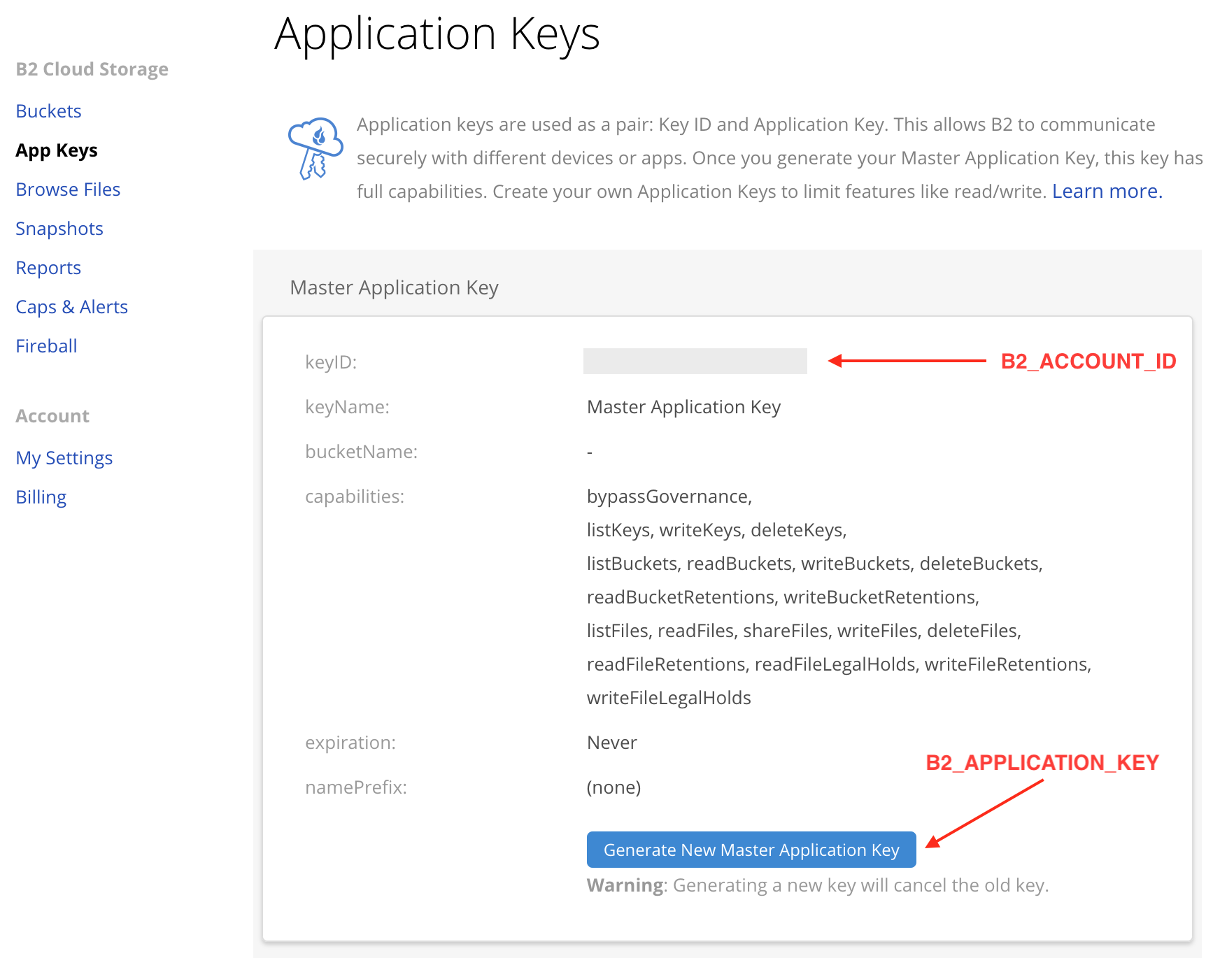 Generate a new Master Application Key