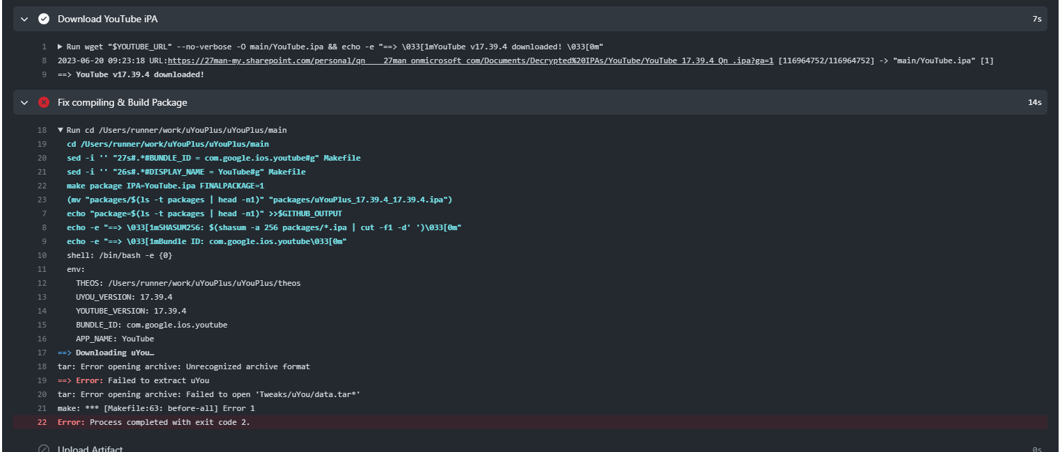 Build and Release uYouPlus Workflow Action Fails, Again · Issue #1155 ...