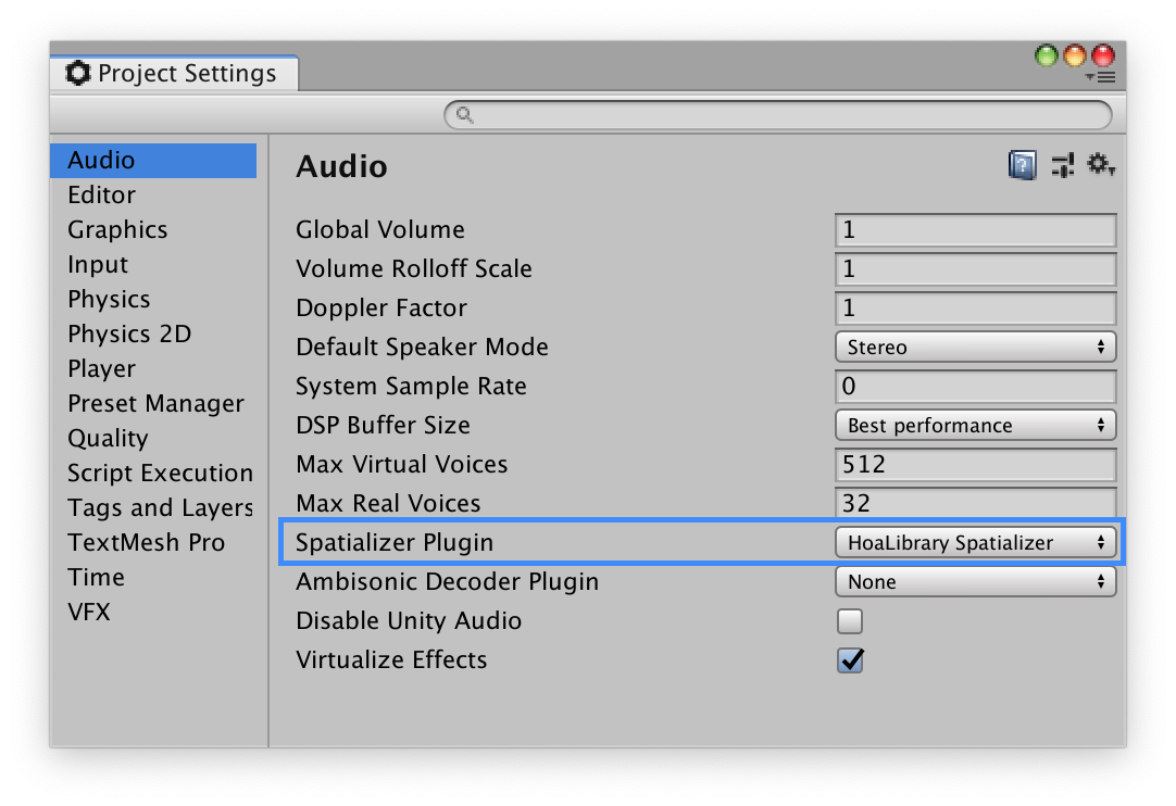 HoaLibrary Unity - Project Settings