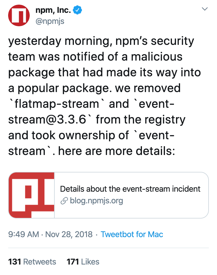 @npmjs’s tweet on November 28, 2018