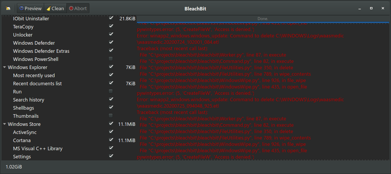 Bleachbit identifies multiple files for deletion but fails to delete