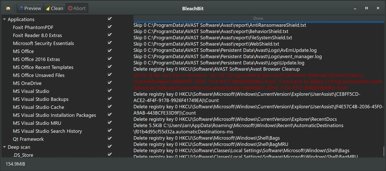 Bleachbit identifies multiple files for deletion but fails to delete
