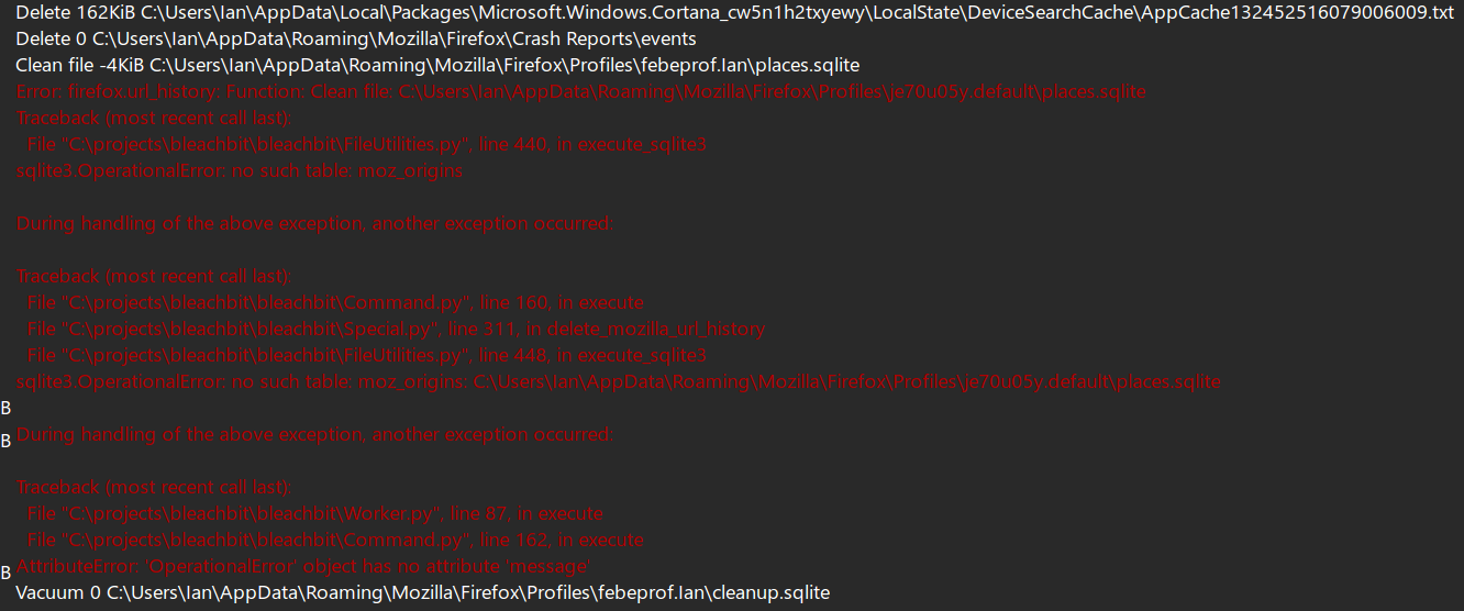 Bleachbit identifies multiple files for deletion but fails to delete