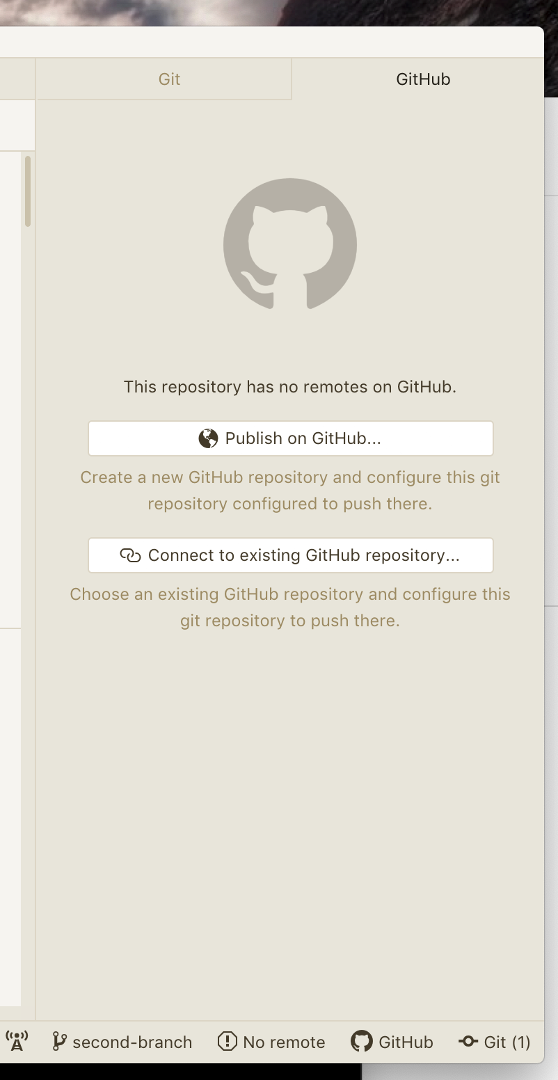 github tab, local repository with no GitHub remotes