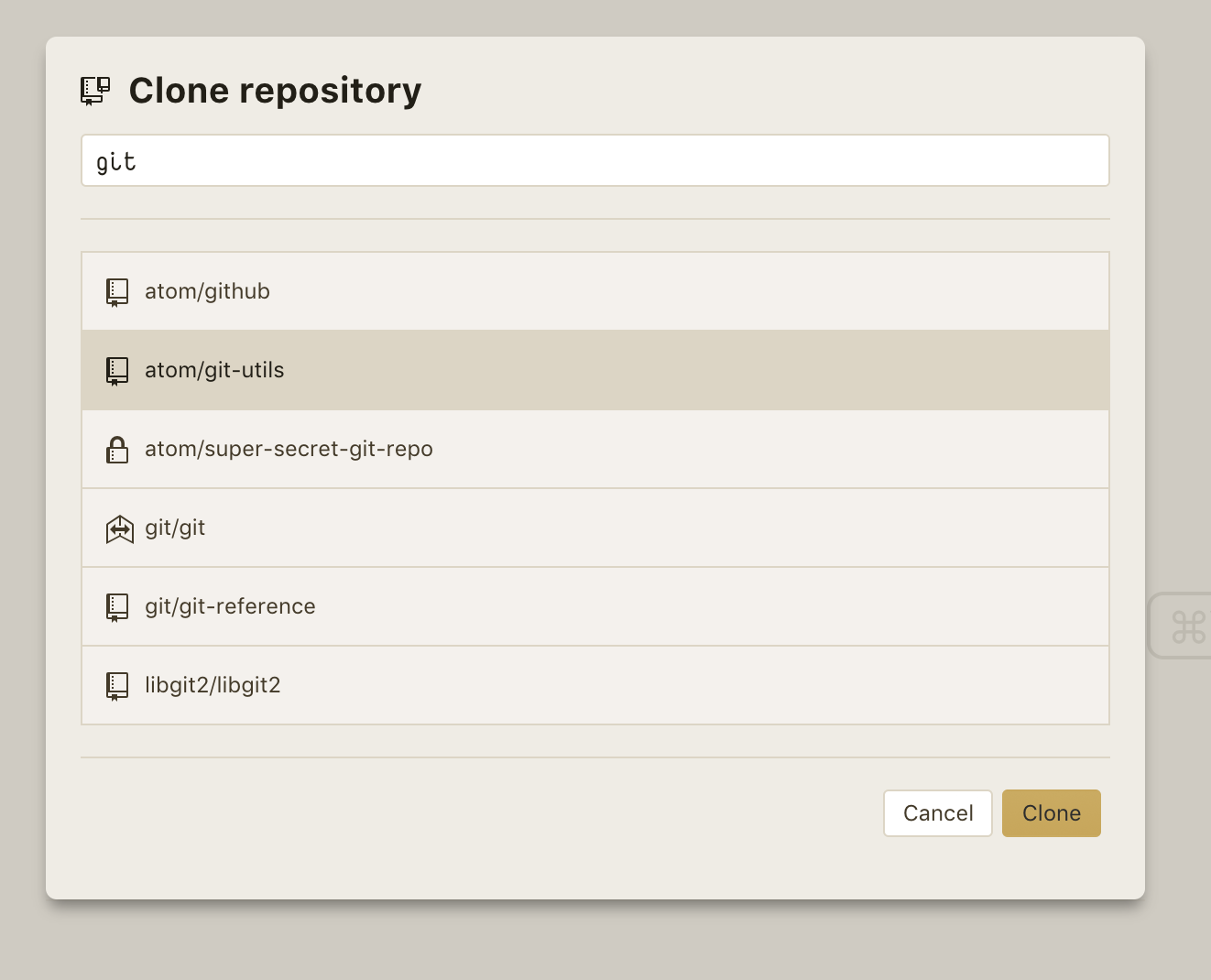 clone dialog, search results