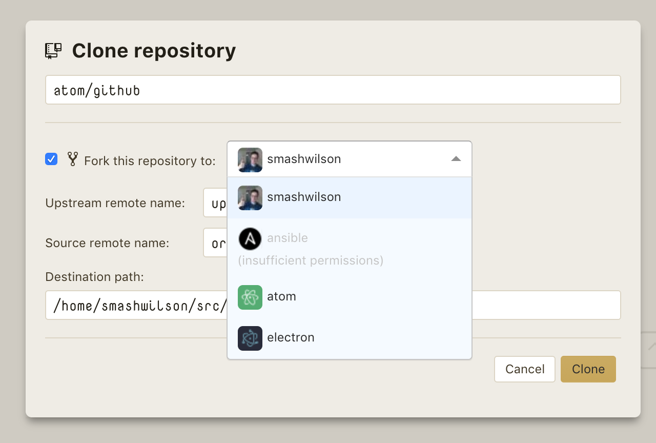 clone dialog, fork checked