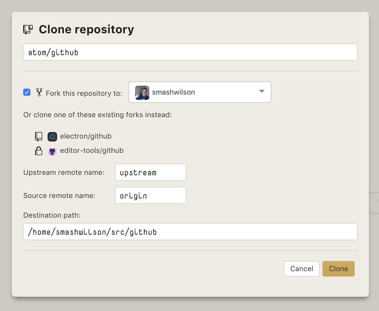 clone dialog, existing forks