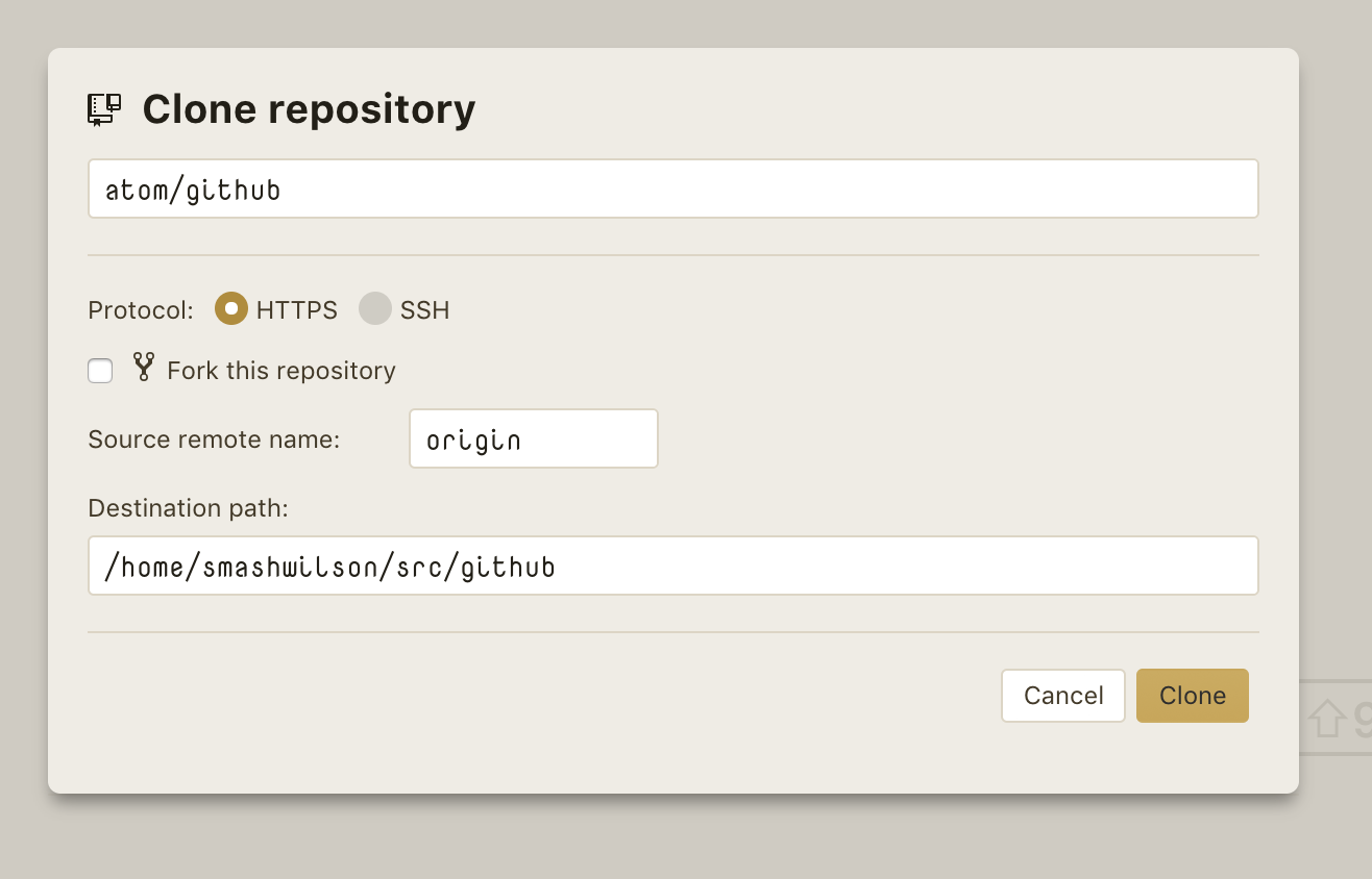 clone dialog, GitHub mode