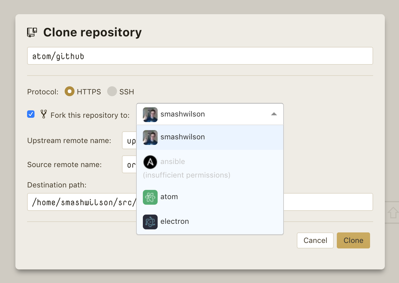 clone dialog, fork checked