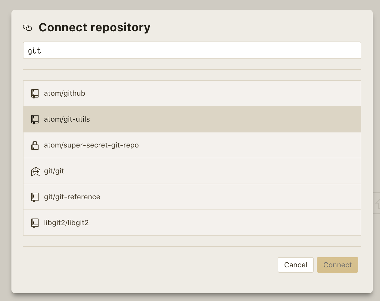 connect dialog, search results