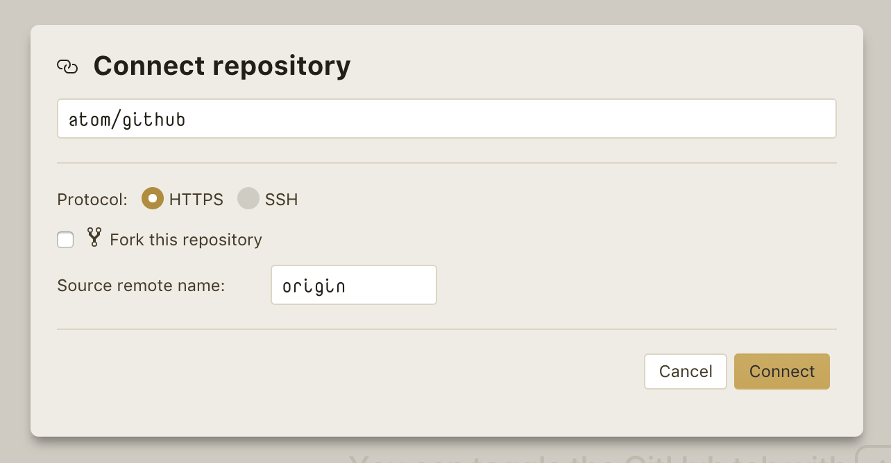 connect dialog, GitHub mode