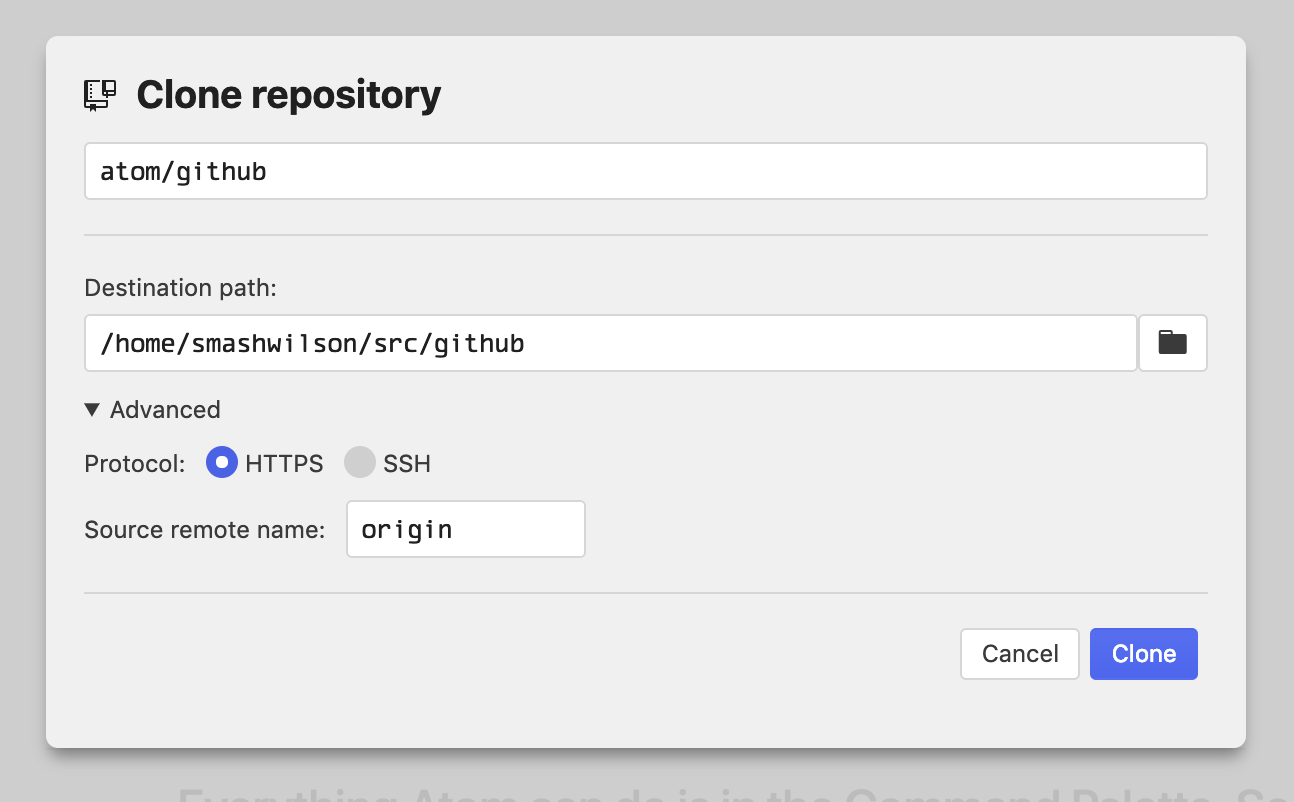 clone dialog, GitHub mode, advanced section expanded