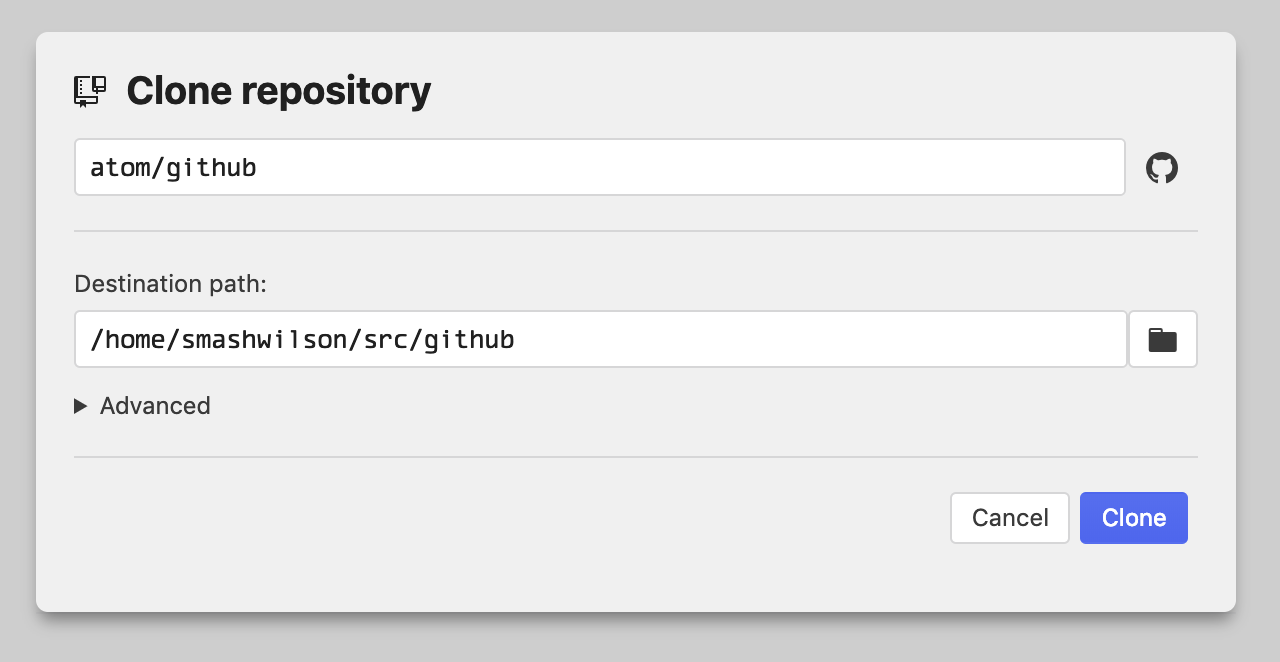 clone dialog, GitHub mode