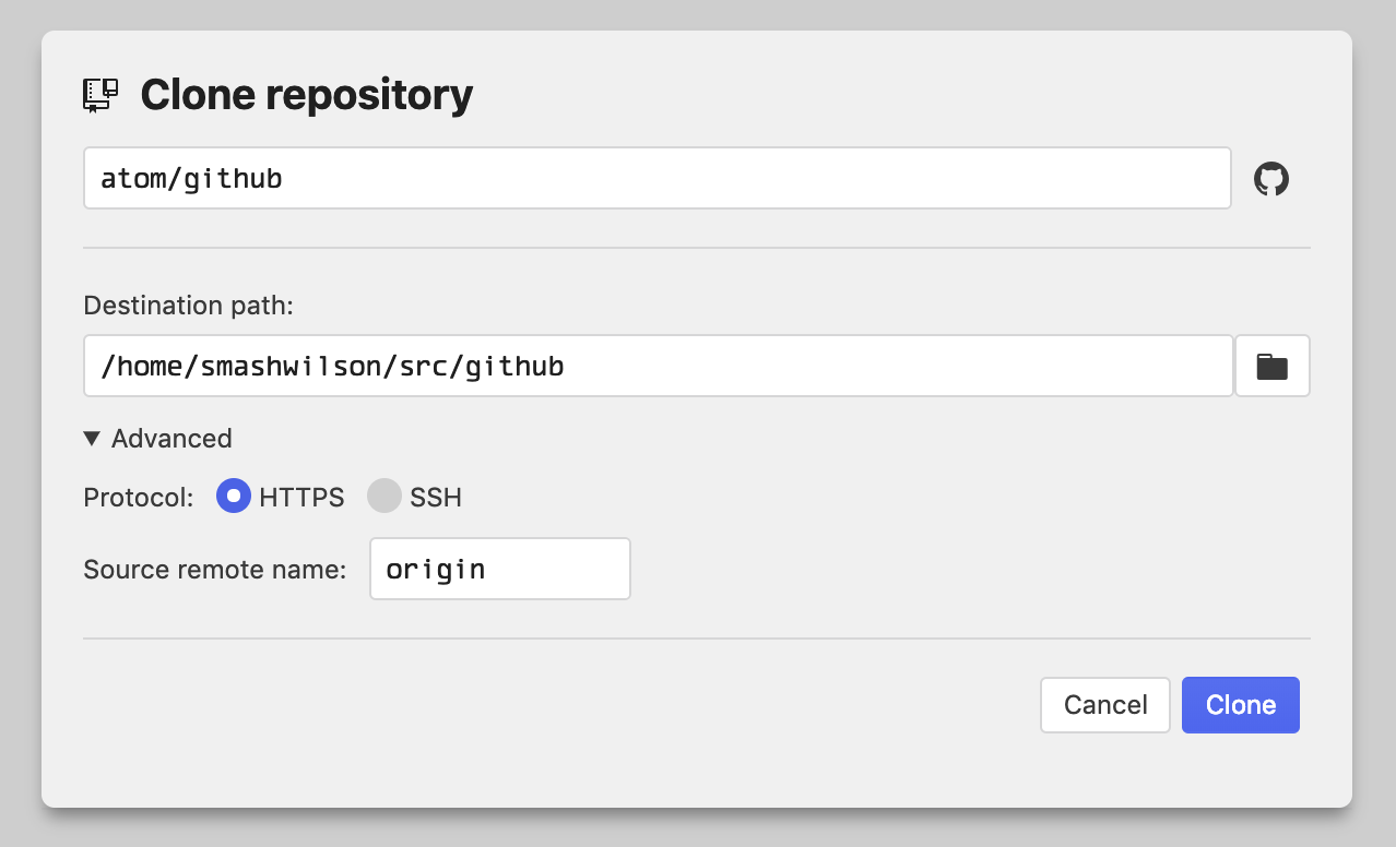 clone dialog, GitHub mode, advanced section expanded