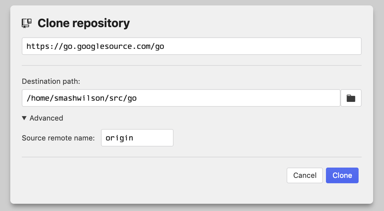 clone dialog, non-GitHub mode