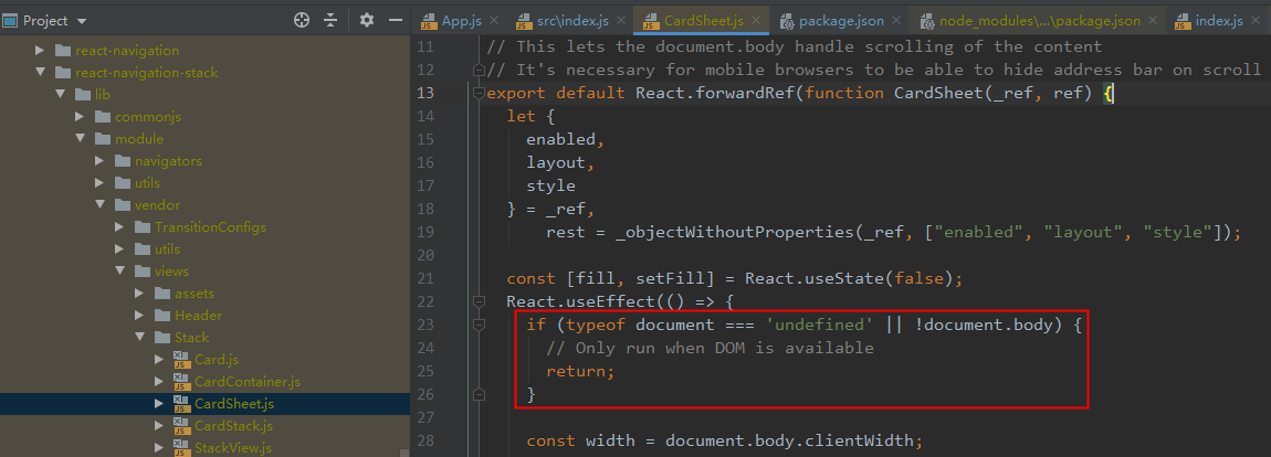 react-navigation-stack - null is not an object (evaluating 'document ...