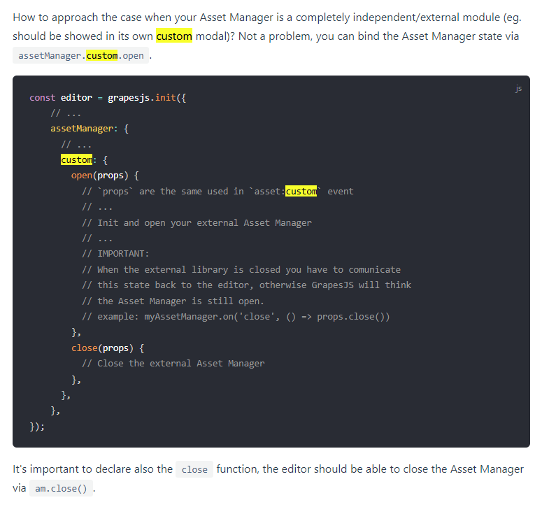 Custom is missing in the AssetManagerConfig · Issue 4575 · GrapesJS