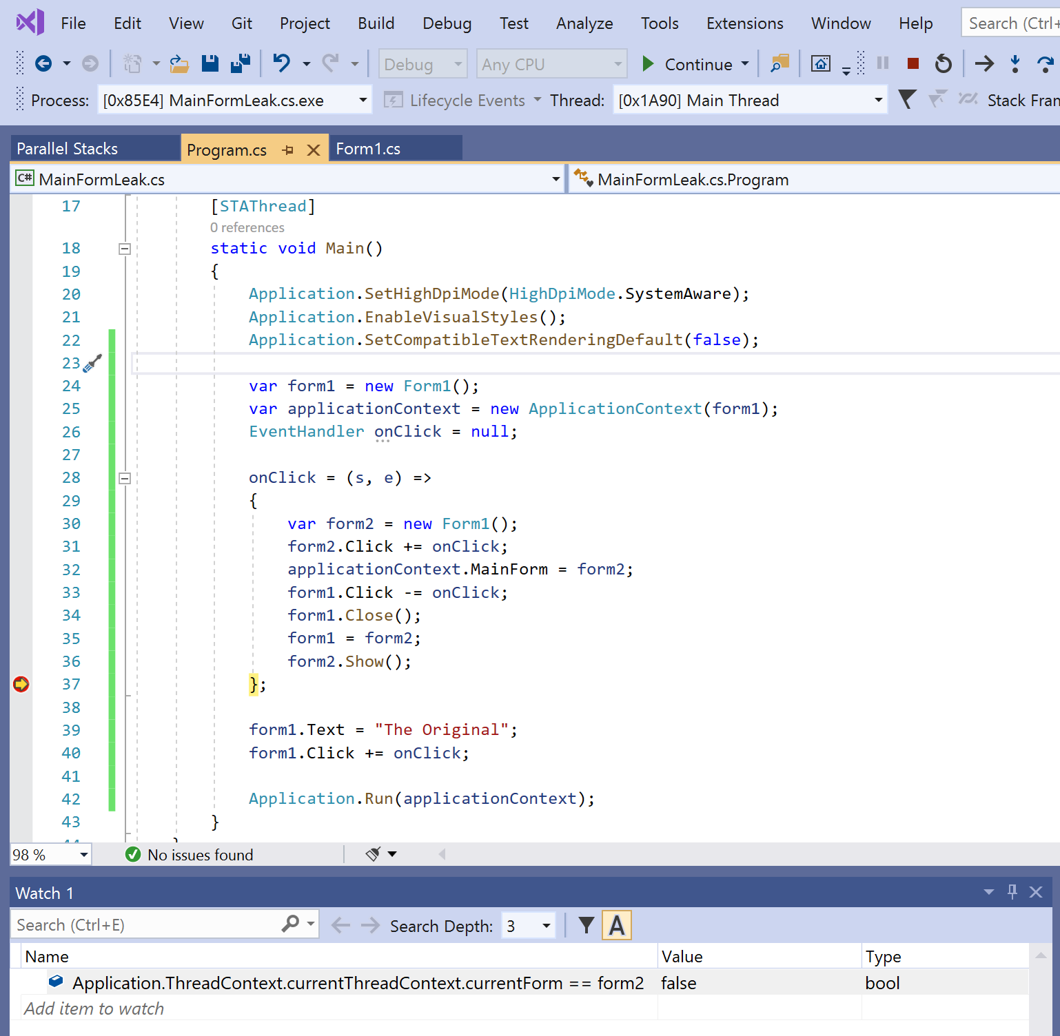 Changing MainForm doesn't update reference in ThreadContext · Issue ...