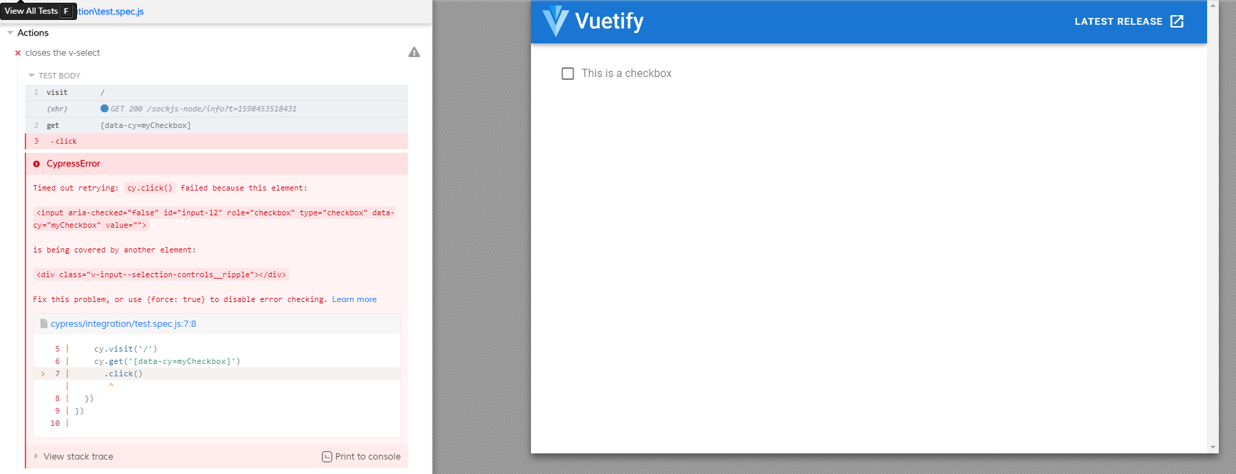 Cypress cannot select Vuetify checkbox without { force true } · Issue