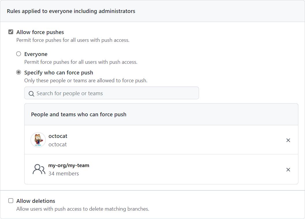 Branch protection rule to allow everyone, no one, or select users or teams to force push