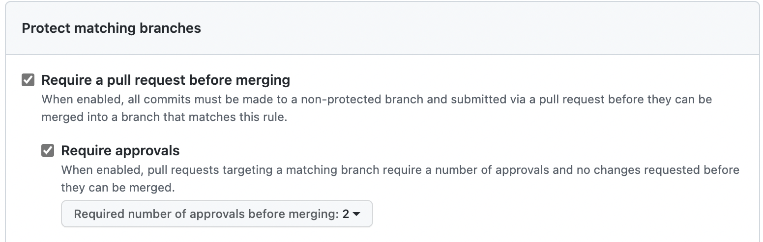 Require pull requests with at least two approvals