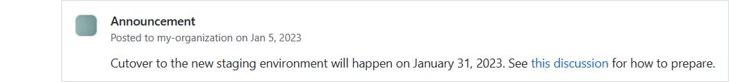 An image showing how an announcement message appears on GitHub