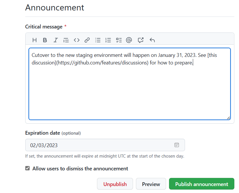 An image showing configuration of an announcement
