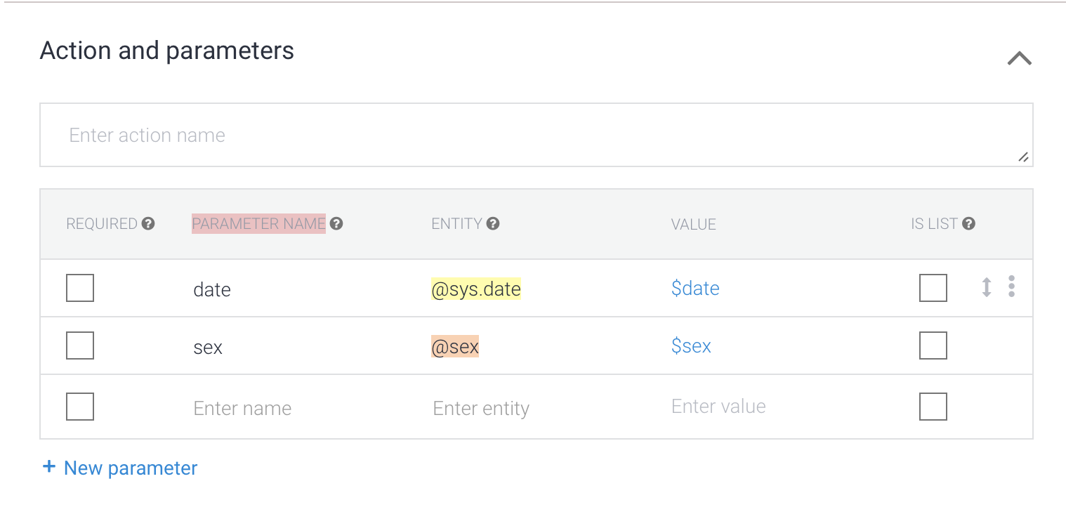 How to get action and Parameters with Dialogflow API · Issue #104 ...