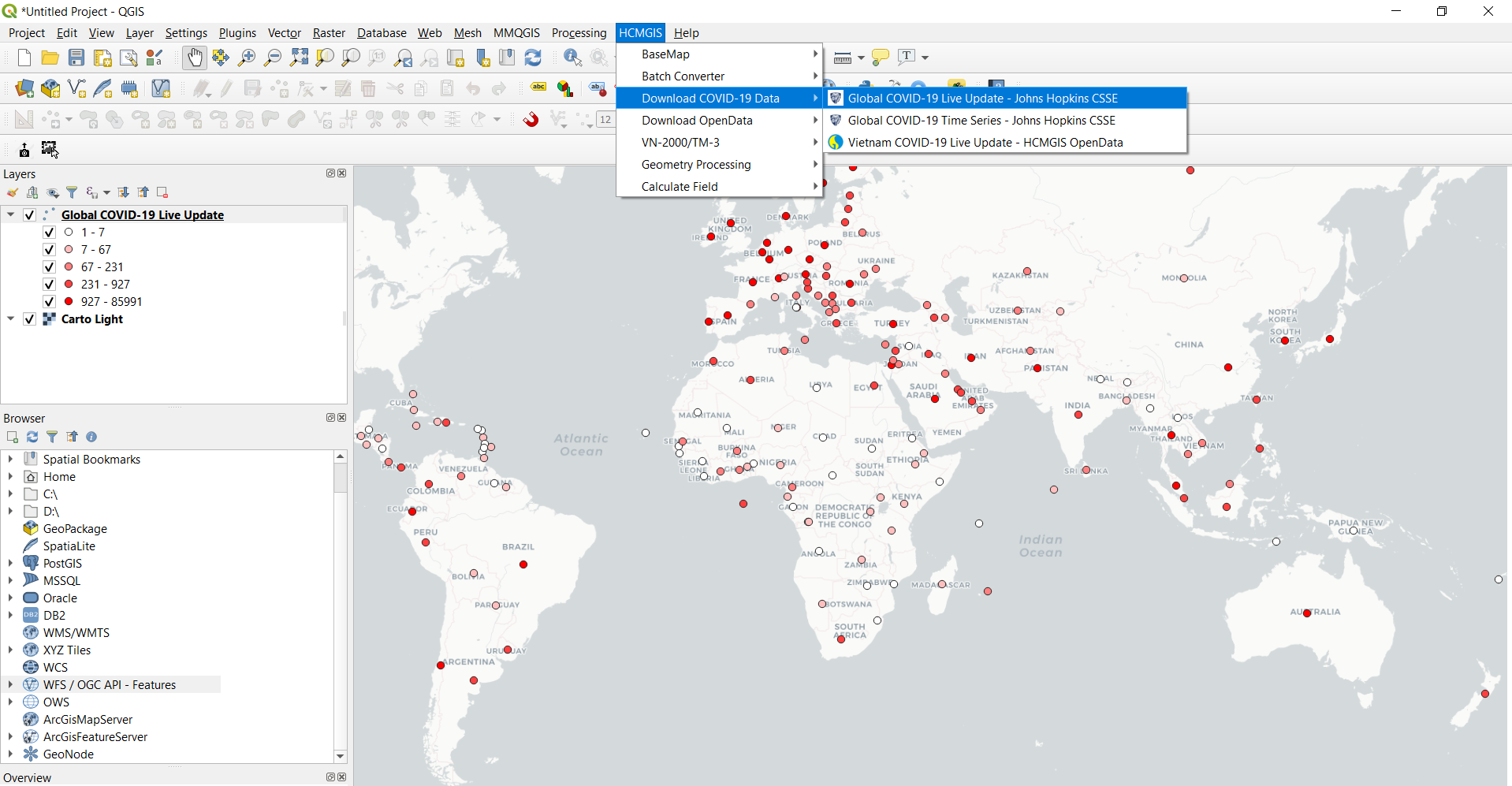 Download COVID-19 Johns Hopkins CSSE Data in shapfile using HCMGIS ...