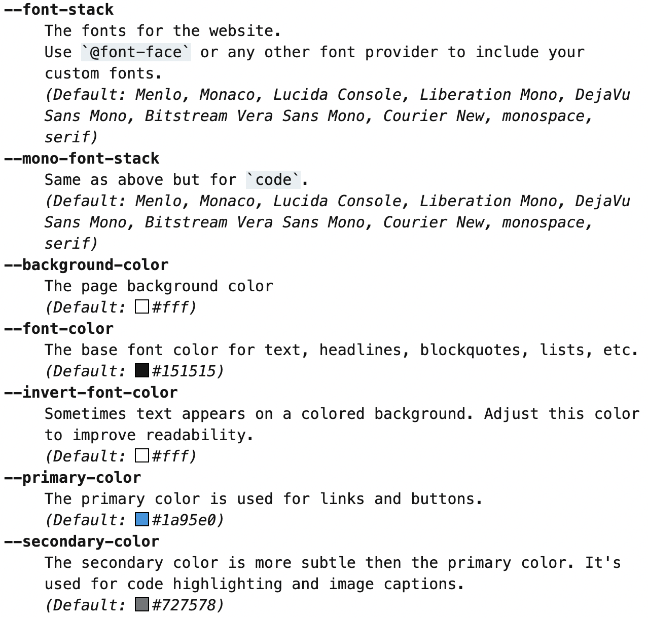 terminal.css document of css variables, with default values written