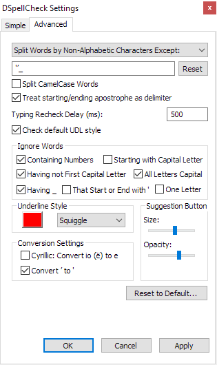 DSpellCheck Settings - Advanced