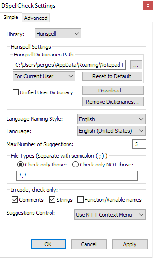 DSpellCheck Settings - Simple