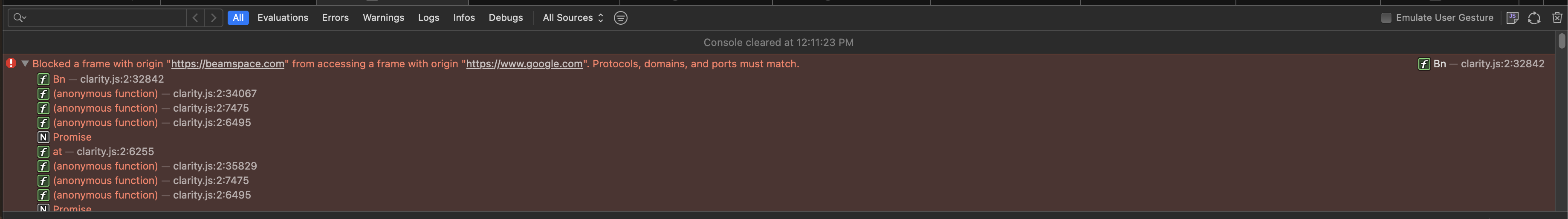 Blocked a frame from accessing a frame with origin 'https//www.google