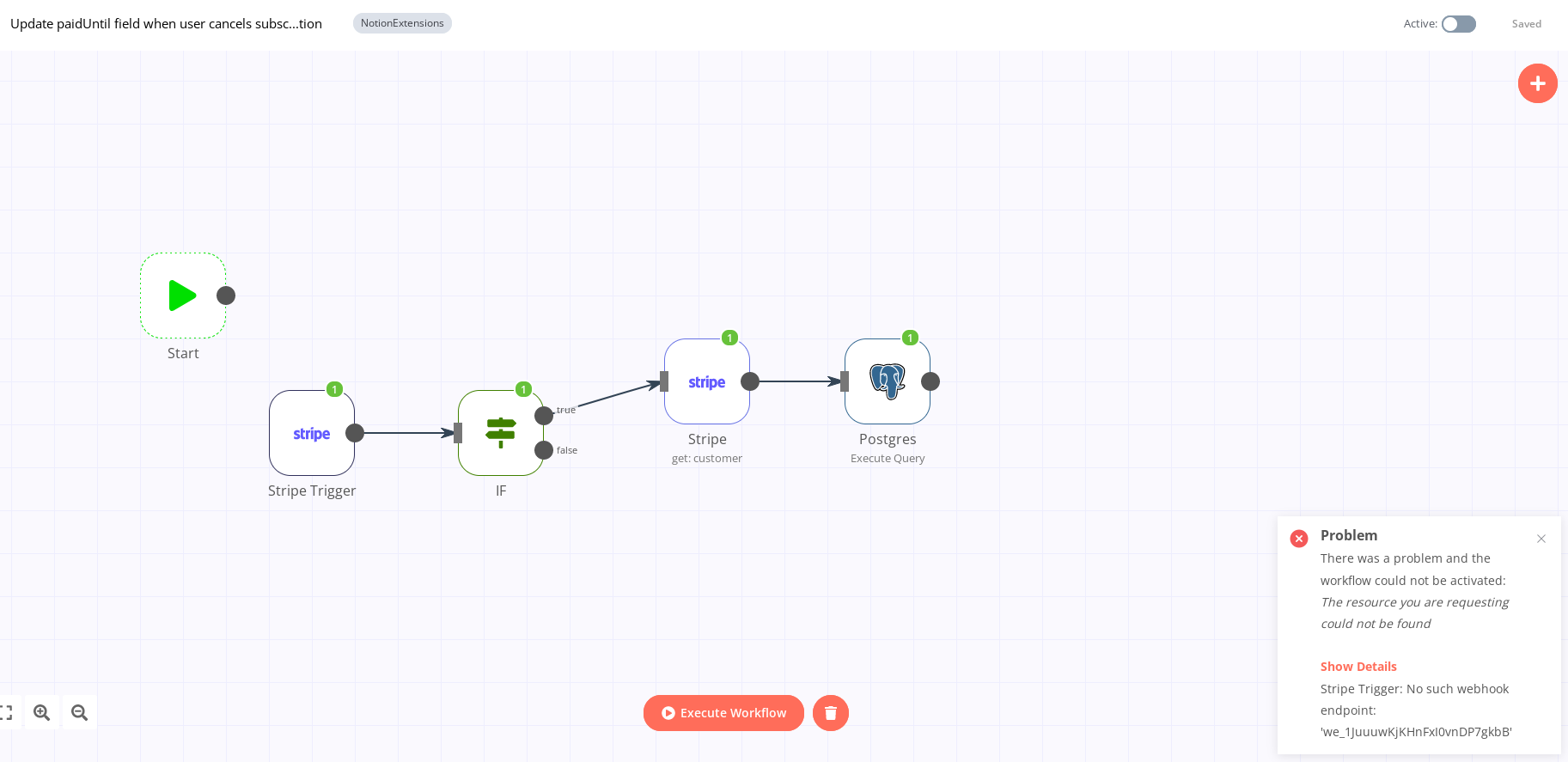 Workflow with Stripe Trigger can not be actived - "No such webhook ...