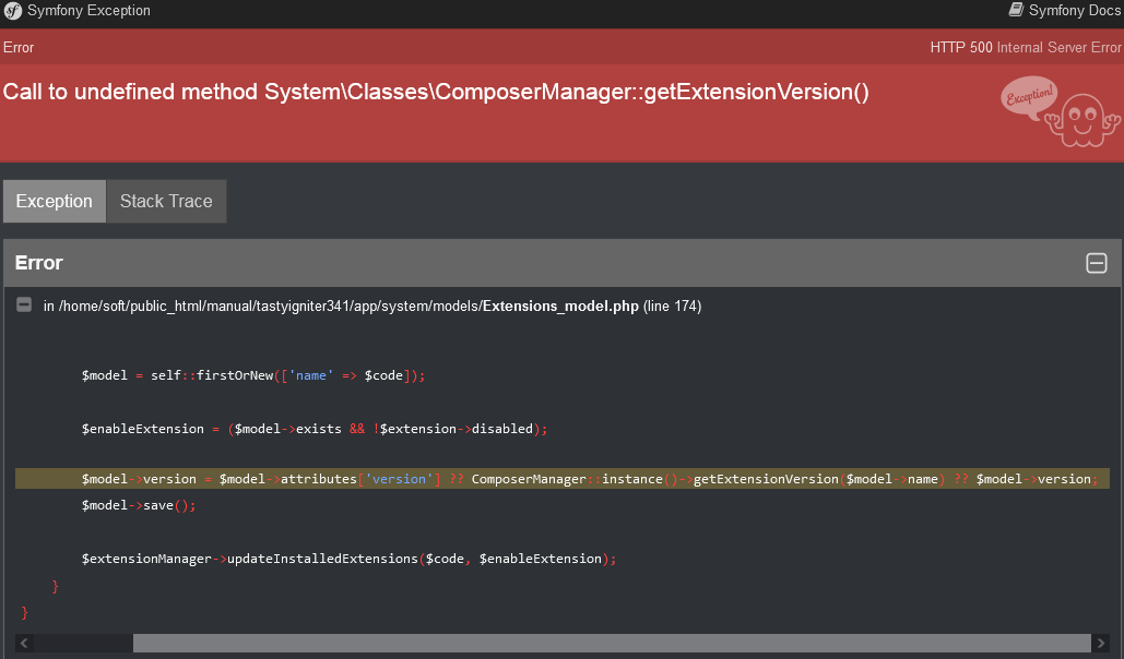 [Bug]: Tastyigniter 3.4.1 throws Error page (500) on System->Updates ...