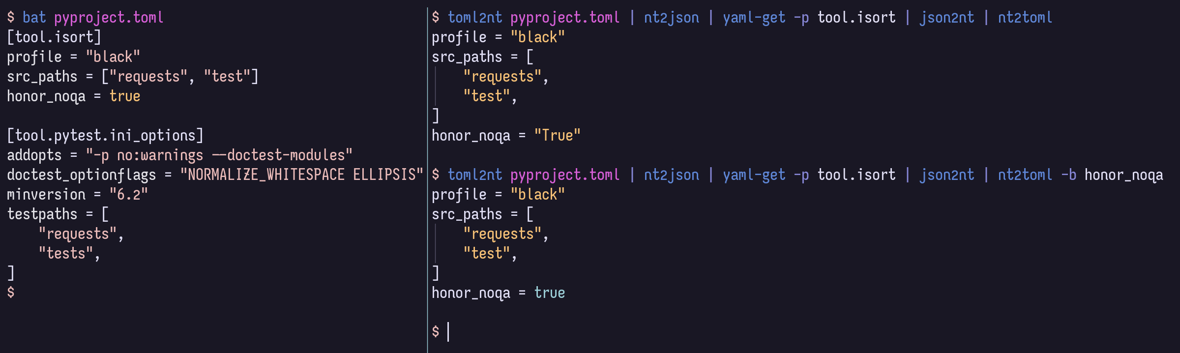 Query TOML with JSON tools, with and without casting