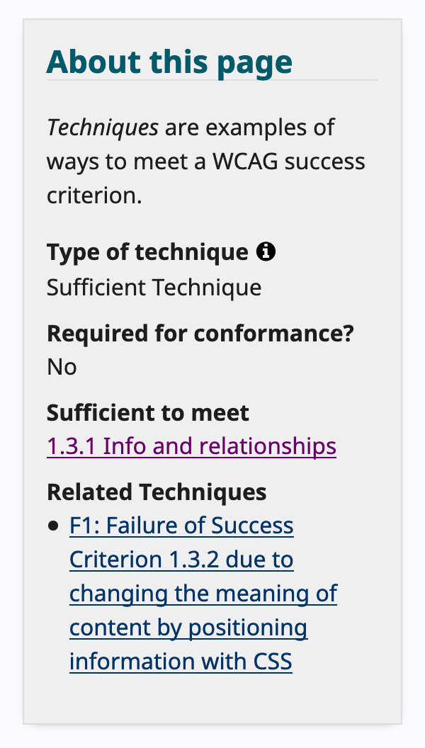block with heading About this page and data like type of technique, related techniques, sufficient to meet which criterion and required for conformance set to no