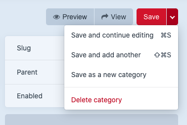 Screenshot of category delete option.
