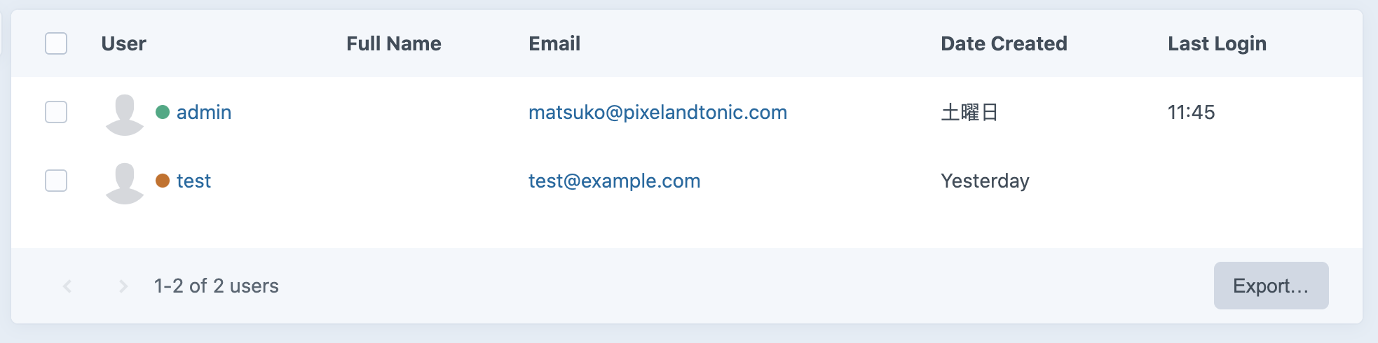 Screen shot of users list.