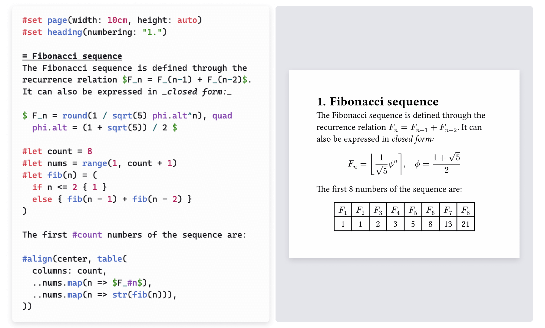 Screenshot of rendering Fibonacci Sequence using Typst